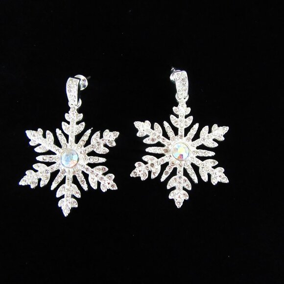 Silvertone snowflake pierced earrings - pave clear rhinestones & aurora borealis - Picture 4 of 6